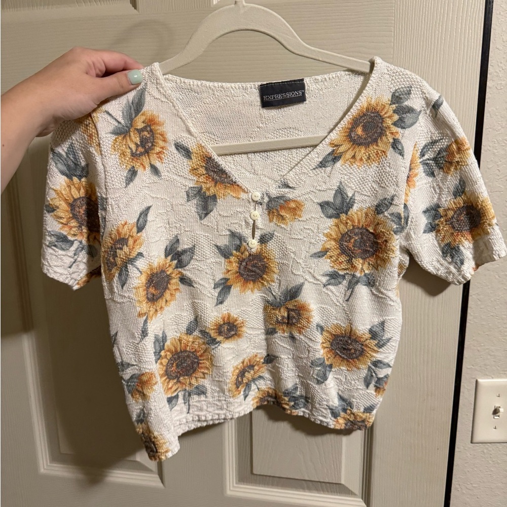 Expressions White Crop Blouse with sunflowers